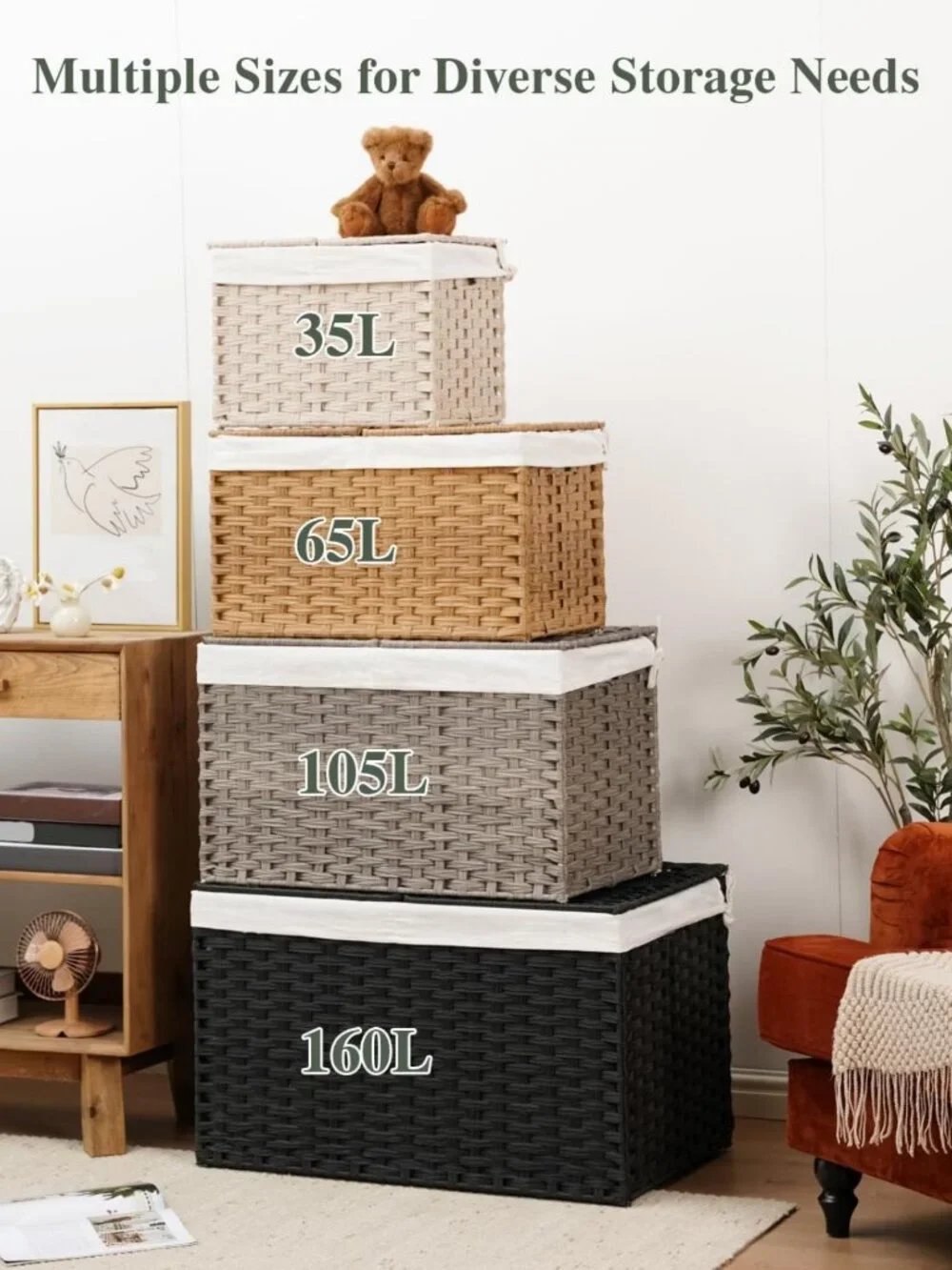Stylish Rattan Storage Basket with Lid, 2-Pack Natural Woven Bins for Organizing